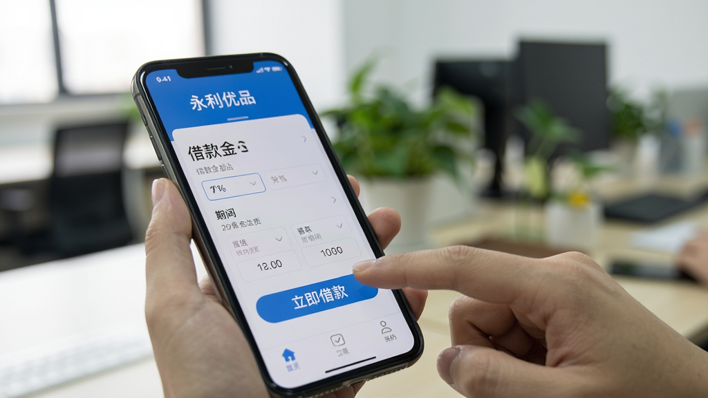 一张展示用户正在手机上操作永利优品APP的实拍照片,画面聚焦于手指点击“立即借款”按钮,手机屏幕清晰显示借款金额和期限选项,背景为模糊的办公室环境,风格写实自然,布局和谐,画质清晰,无多余元素