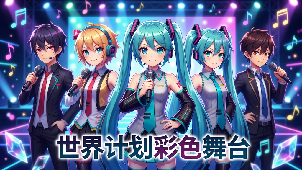 主体:游戏《世界计划彩色舞台》主视觉图,五位原创角色与初音未来并肩站在霓虹舞台中央,背景是光彩夺目的演唱会灯光与飘落的音符,角色表情自信而生动。布局:角色居中对齐,舞台纵深延伸,前景散落发光的水晶碎片,画面下方留白用于放置游戏标题“世界计划彩色舞台”艺术字。排版:日系动漫画风,高饱和色彩,人物线条流畅,光影层次丰富,背景细节精致。风格:二次元偶像企划风格,青春热血气息,画面干净通透。细节:角色服装纹理、发丝光泽、麦克风与耳返等道具精细刻画,音符与光斑动态虚化。画质:8K超高清,细腻渲染,干净无多余元素。