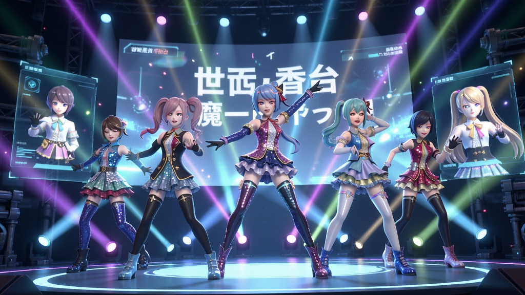 主体:《世界计划彩色舞台》3D演唱会模式,五位角色穿着华丽演出服在赛博朋克风格舞台上跳舞,周围环绕全息投影与彩色光束。布局:角色动态舞姿,画面中央偏上,舞台灯光呈放射状,背景是巨大的LED屏幕显示歌词。排版:高动态范围,动作瞬间抓拍,粒子特效丰富。风格:未来科技感与偶像演唱会结合。细节:服装亮片反光、表情生动、舞台机械结构精密。画质:4K高清渲染,画面干净炫酷。