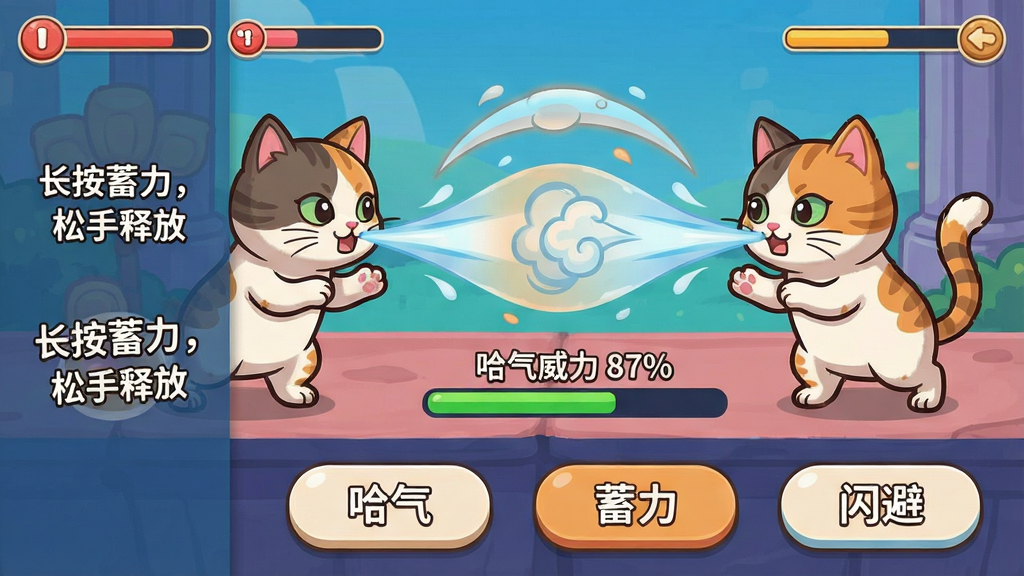 主体:游戏界面截图,左侧为操作说明“长按蓄力,松手释放”,右侧为两只猫咪正在对决,屏幕中央显示“哈气威力 87%”。布局:上下结构,上方为对战画面,下方为操作按钮,按钮上标有“哈气”“蓄力”“闪避”等字样。排版:界面清爽,按钮采用圆角设计,颜色与猫咪毛色呼应。风格:游戏UI风格、卡通可爱、色彩鲜艳。细节:猫咪头上显示血条,哈气时气流特效呈弧形扩散。画质:1080P、界面清晰、无多余元素。