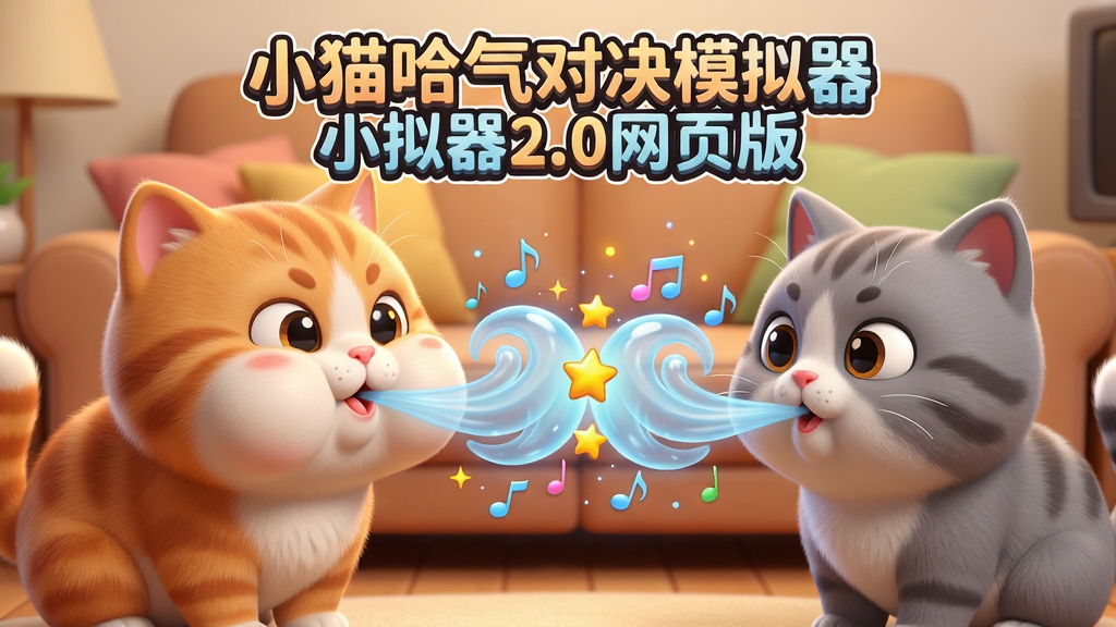主体:一只圆滚滚的橘色小猫正鼓着腮帮子用力哈气,对面是一只灰色小猫也在哈气,两股气流碰撞出星星和音符特效。布局:两只猫分居画面左右两侧,中间为气流交汇点,背景是温馨的客厅沙发。排版:画面中央上方有游戏标题“小猫哈气对决模拟器2.0网页版”艺术字。风格:卡通渲染、色彩明亮、Q版萌系。细节:猫咪毛发质感柔软,眼睛圆润有神,哈气时脸颊鼓起,气流呈现半透明蓝色漩涡状。画质:4K高清、干净背景、无多余元素。