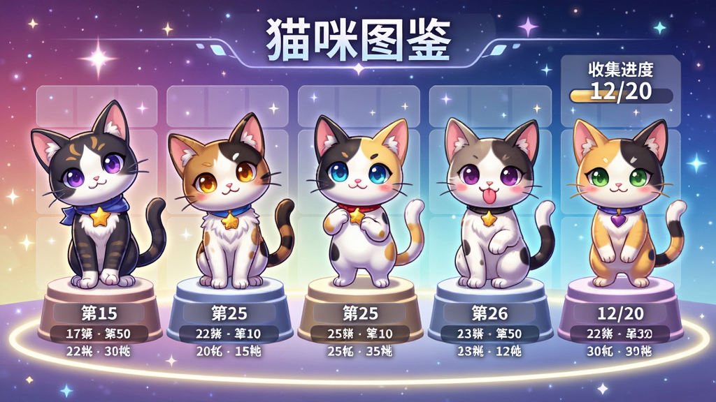 主体:一排不同花色的小猫站在展示台上,每只猫下方标注名字和属性数值,画面顶部有“猫咪图鉴”字样。布局:横向排列五只猫咪,背景为渐变星空,地面有发光光环。排版:猫咪大小统一,图鉴界面采用网格布局,右侧有“收集进度 12/20”。风格:二次元卡通、梦幻风格、明亮色调。细节:每只猫有独特表情和姿势,有的歪头、有的吐舌。画质:高清、细节丰富、无多余元素。
