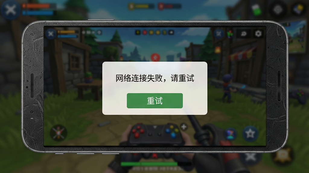 主体:手机横屏显示游戏界面,屏幕上弹出一个对话框“网络连接失败,请重试”,下方有“重试”按钮。布局:手机居中,背景为游戏主界面模糊化处理。排版:对话框居中,按钮为绿色。风格:写实手机截图风格。细节:手机边框有质感,界面元素清晰。画质:高清、无多余元素。