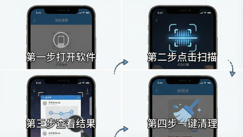 一张展示闪电清理使用步骤的教学图,主体为手机操作界面截图,布局为四宫格步骤图,风格为简洁的图文教程风,细节包含“第一步打开软件”、“第二步点击扫描”、“第三步查看结果”、“第四步一键清理”文字,画质清晰干净,无多余元素