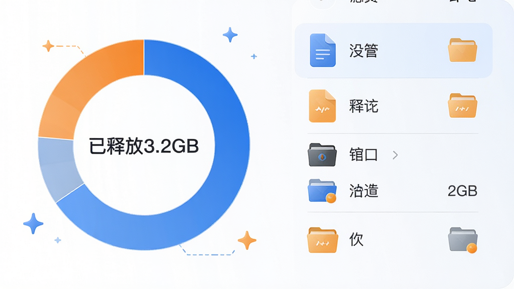 一张展示闪电清理深度清理功能的插图,主体为手机存储空间可视化图表,布局为左侧环形图右侧文件明细,风格为简洁大气的商务风,色彩使用蓝色与橙色对比,细节包含“已释放3.2GB”字样与各类文件图标,画质精细干净,无多余元素