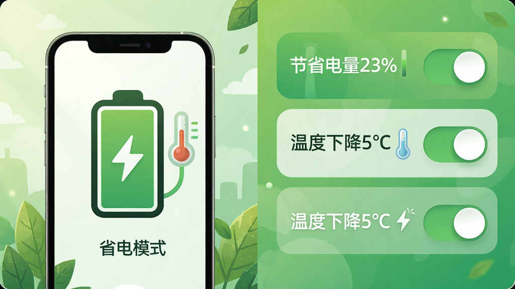 闪电清理省电降温功能展示图,主体为手机电池温度计与省电模式开关,布局为左右分栏,左侧是电池状态图标,右侧是功能开关列表,风格为清新自然的绿色系插画,细节包含“节省电量23%”、“温度下降5℃”等数据提示,画质干净明亮,无多余元素