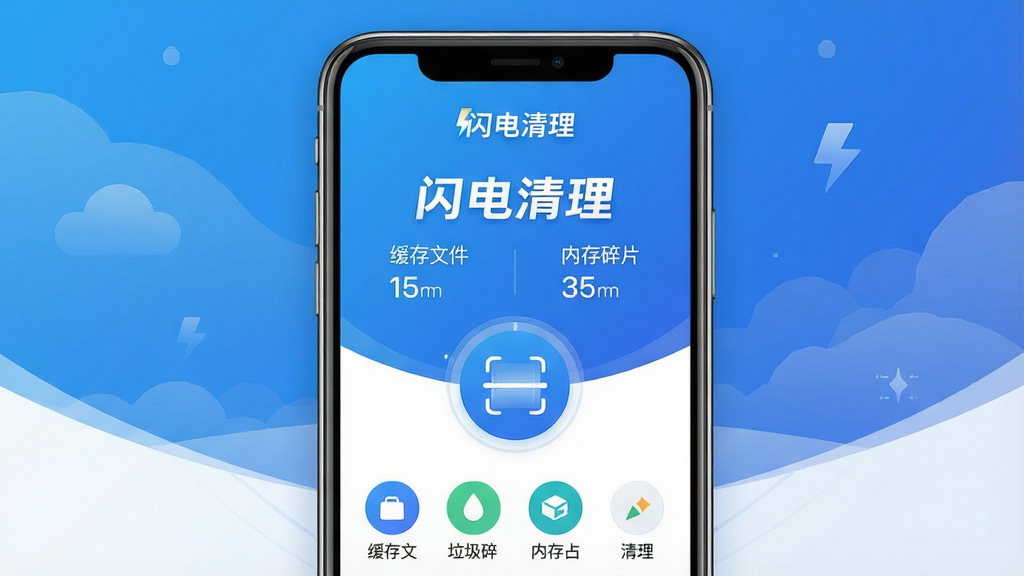 一幅展示闪电清理软件主界面的高清宣传图,主体为手机屏幕内呈现的清理加速仪表盘,布局采用居中对称,上方显示“闪电清理”品牌字样,下方为圆形扫描按钮与分类清理图标,风格为现代扁平化设计,色彩以蓝白渐变为主,细节包含缓存文件、垃圾碎片、内存占用等可视化数据,画质清晰干净,无多余元素