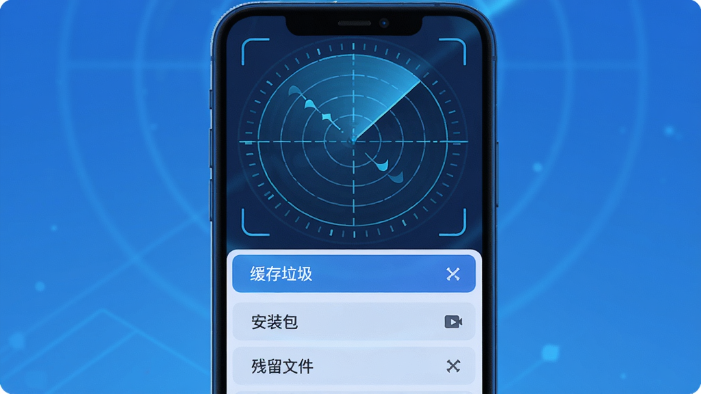 展示闪电清理一键扫描过程的场景图,主体为手机界面中扫描动画与垃圾文件列表,布局为上下结构,上方是动态雷达扫描特效,下方是分类列表,风格为科技感十足的蓝色系插画,细节包含“缓存垃圾”、“安装包”、“残留文件”等标签,画质高清干净,无多余元素