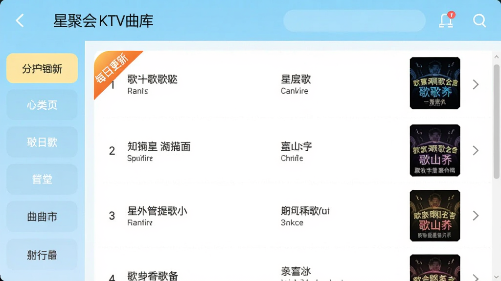 星聚会KTV曲库界面截图,主体为歌曲列表页面,列表项展示歌名、歌手与专辑封面,左侧有分类筛选标签,排版整齐,风格清新明亮,细节高亮显示“每日更新”角标,画质干净无多余元素