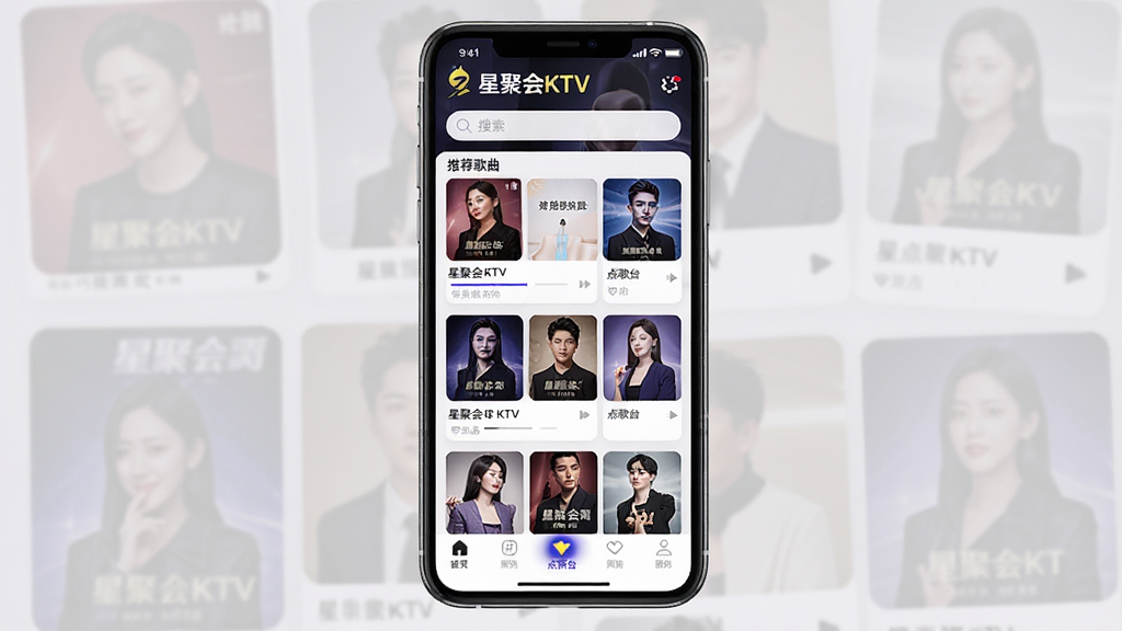 星聚会KTV应用主界面预览图,主体为手机竖屏展示,界面顶部有“星聚会KTV”品牌logo与搜索栏,中部为推荐歌曲卡片瀑布流,底部导航栏高亮“点歌台”,整体布局清晰,排版简洁,风格现代时尚,细节包含歌曲封面缩略图与播放进度条,画质高清干净无多余元素