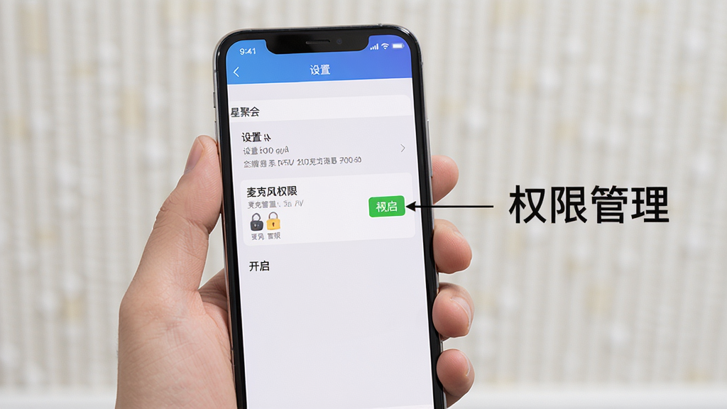星聚会KTV手机端使用教程示意图,主体为一部手机握在手中,屏幕显示应用内“设置”页面,旁边有文字标注“权限管理”,布局居中,排版直观,风格写实,细节强调麦克风权限开启,画质清晰无多余元素