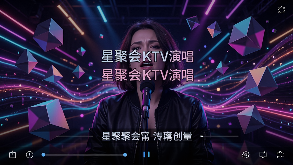 星聚会KTV演唱界面动态背景效果图,主体为全屏演唱画面,中央显示歌词字幕,背景为炫彩霓虹灯光与3D几何图形流动效果,布局饱满,风格炫酷,细节突出“高清MV”画质,整体干净无多余元素