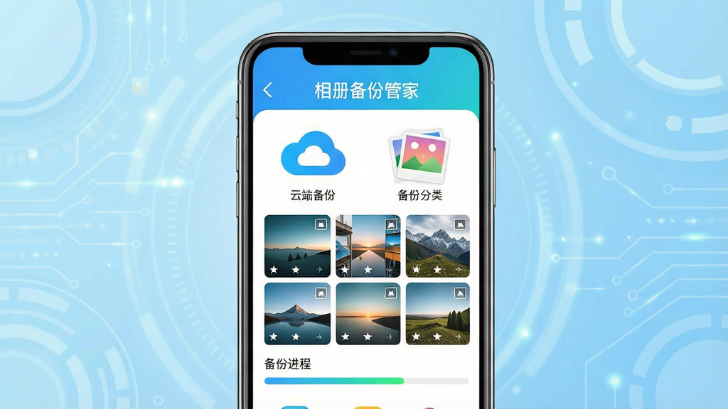 主体:智能手机屏幕展示“相册备份管家”APP界面,界面中有云端备份、相册分类图标;布局:手机居中,背景为浅蓝色科技感渐变,界面清晰展示软件名称“相册备份管家”;排版:手机屏幕内显示相册缩略图网格和备份进度条;风格:现代扁平化设计,色彩明亮清新;细节:界面文字可辨认为“相册备份管家”,图标包含云朵和照片元素;画质:高清渲染,干净无多余元素