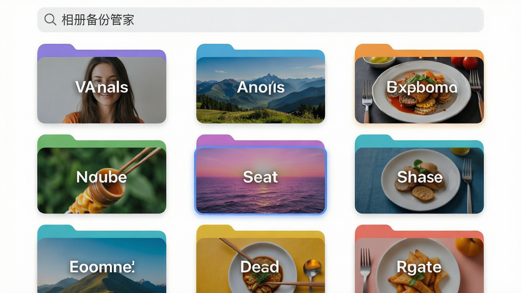 主体:相册备份管家的分类相册界面预览,展示人物、风景、美食等多个分类文件夹;布局:屏幕上方为搜索栏,下方为网格状分类相册,每个文件夹封面为代表性照片;排版:文件夹整齐排列,色彩鲜艳;风格:清爽简洁的UI设计;细节:文件夹名称标注清晰,选中状态高亮;画质:高清干净,无多余元素