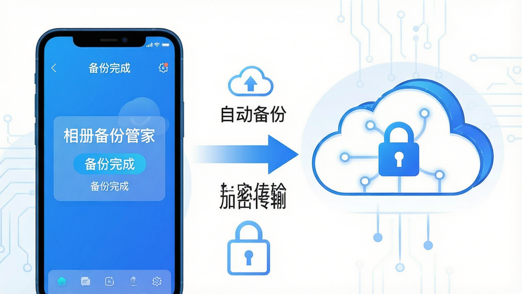 主体:手机与云端服务器之间的数据传输示意图,手机屏幕显示“相册备份管家”备份完成提示;布局:左侧手机,右侧云朵图标,中间箭头表示上传;排版:简洁流程图样式,标注“自动备份”“加密传输”;风格:科技感插画,蓝白配色;细节:云朵上带有锁形图标,手机界面显示“备份完成”字样;画质:高清干净,无多余元素