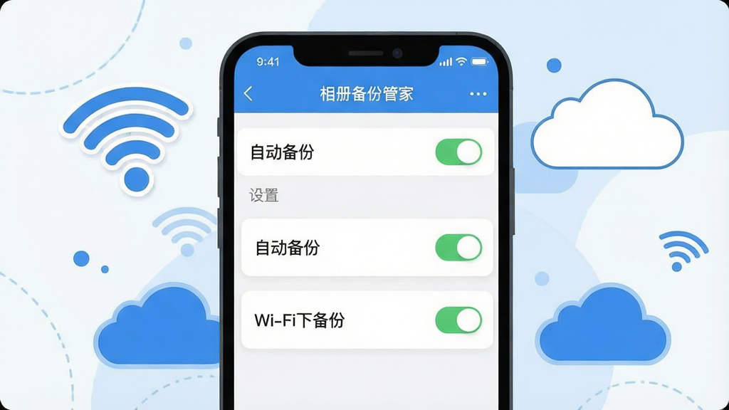 主体:手机屏幕显示“相册备份管家”设置界面,重点标注“自动备份”和“Wi-Fi下备份”选项;布局:手机屏幕居中,周围有Wi-Fi图标和云朵装饰;排版:界面清晰,选项开关为绿色;风格:简洁扁平化插画,蓝白配色;细节:设置项文字可读,Wi-Fi图标明显;画质:高清干净,无多余元素