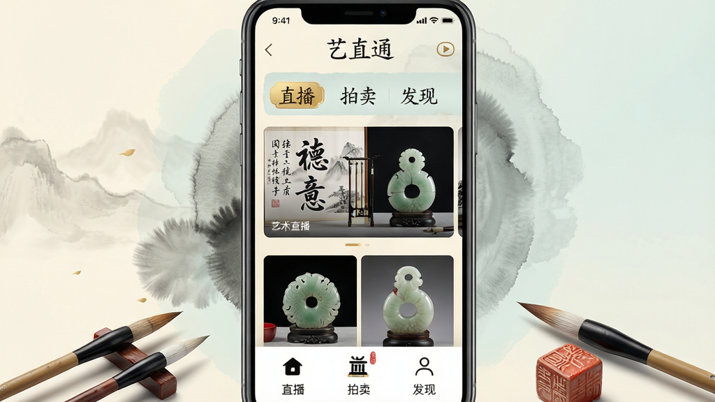 主体:一款名为“艺直通”的手机应用界面,展示在智能手机屏幕上,屏幕内是精美的中国风艺术直播页面,包含书法、国画、玉器等元素。布局:手机居中,屏幕内容清晰可见,周围有淡雅的水墨晕染背景,下方点缀几支毛笔和印章。排版:界面结构清晰,顶部有“艺直通”字样,中部为直播画面缩略图,底部为功能图标。风格:融合传统与现代,色彩淡雅,以米白、淡青、墨黑为主,金色点缀。细节:界面中的文字标签如“直播”、“拍卖”、“发现”清晰可读,画面质感细腻,光影柔和。画质:8k分辨率,超高清,干净,无多余元素。