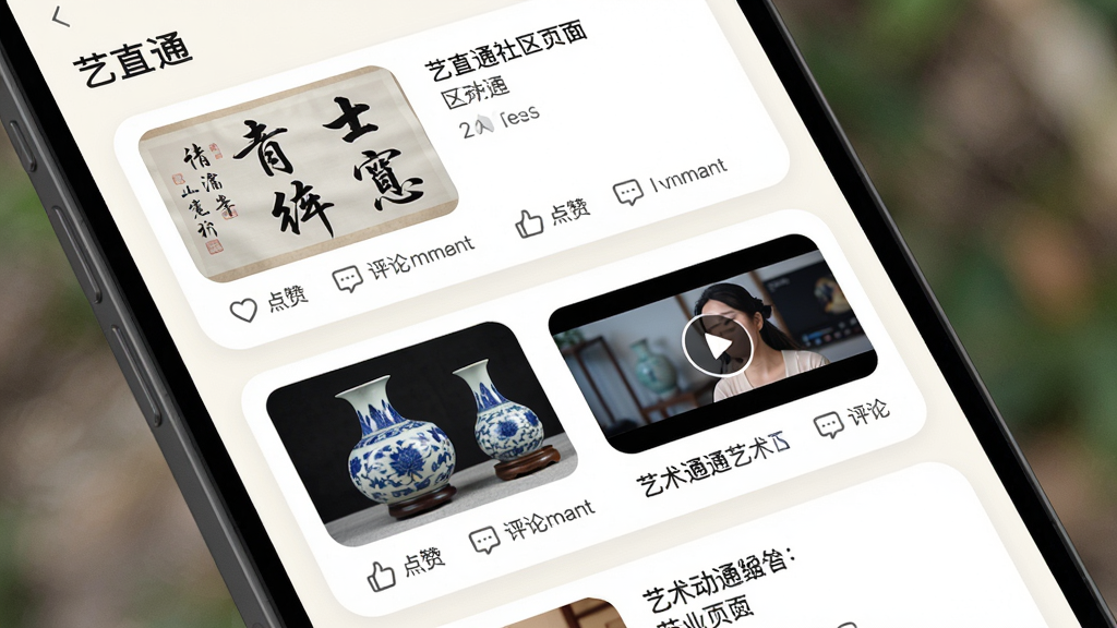 主体:“艺直通”的社区页面,展示多条艺术动态,包括书法作品、瓷器图片和艺术视频。布局:手机屏幕上以信息流形式排列,每条动态有配图和文字。排版:卡片式设计,圆角边框,间距均匀。风格:清新素雅,背景为淡白色,图片色彩丰富。细节:动态下方有“点赞”、“评论”图标,文字内容清晰。画质:高清,干净,无多余元素。