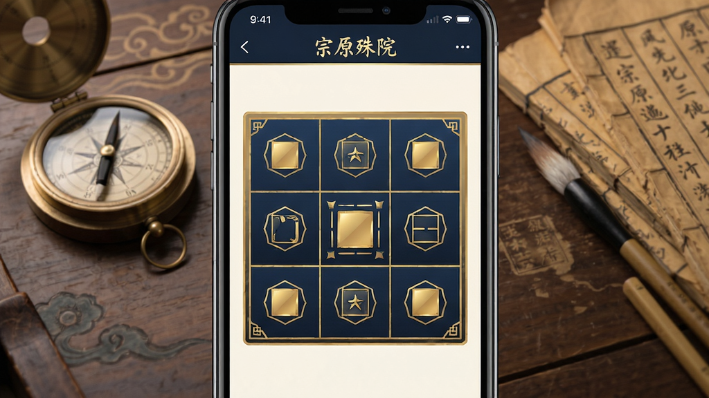 画面主体为“宗原殊院”软件在智能手机上运行的界面特写,屏幕中央展示清晰的奇门遁甲九宫格排盘图,金色与深蓝色为主色调,布局对称工整,背景为古色古香的书案,摆放着罗盘、毛笔与泛黄古籍。整体风格融合古典韵味与现代科技感,画面干净无多余元素,画质细腻,光影柔和,突出软件的专业性与易用性。
