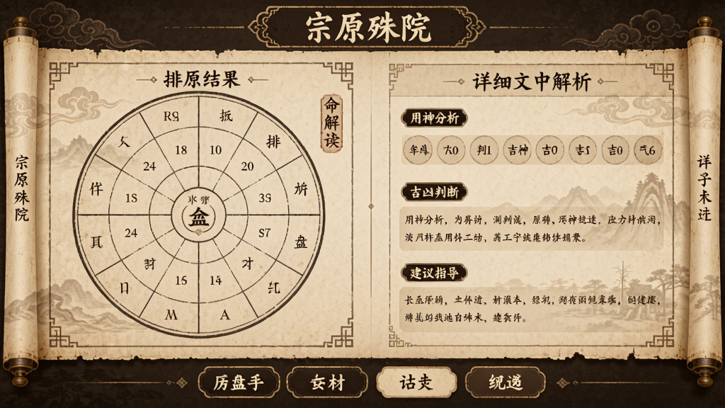 主体为“宗原殊院”命理解读页面,左侧显示排盘结果,右侧为详细的文字解析,包括用神分析、吉凶判断、建议指导等,底部有标签切换按钮。界面采用米黄色与深棕色搭配,仿古书卷风格,布局清晰,画质柔和,细节精致,无多余元素。