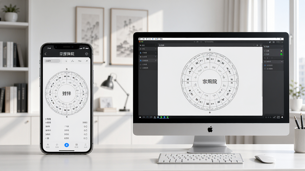 主体为“宗原殊院”软件在手机与电脑模拟器上运行的效果对比图,左侧手机,右侧电脑屏幕,界面均显示排盘结果。背景为简洁的现代书房,光线明亮,布局清晰,风格干净科技感,画质高清,细节真实,无多余元素。