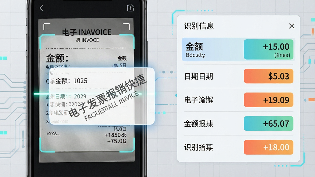 主体:一张电子发票被手机扫描识别,屏幕上弹出识别结果框,显示金额、日期等字段;布局:左侧为发票原件,右侧为识别信息列表;排版:信息逐条对齐,高亮显示关键数据;风格:科技感十足,背景为浅灰色网格;细节:识别框上有“电子发票报销快捷”水印;画质:清晰锐利,干净无多余元素