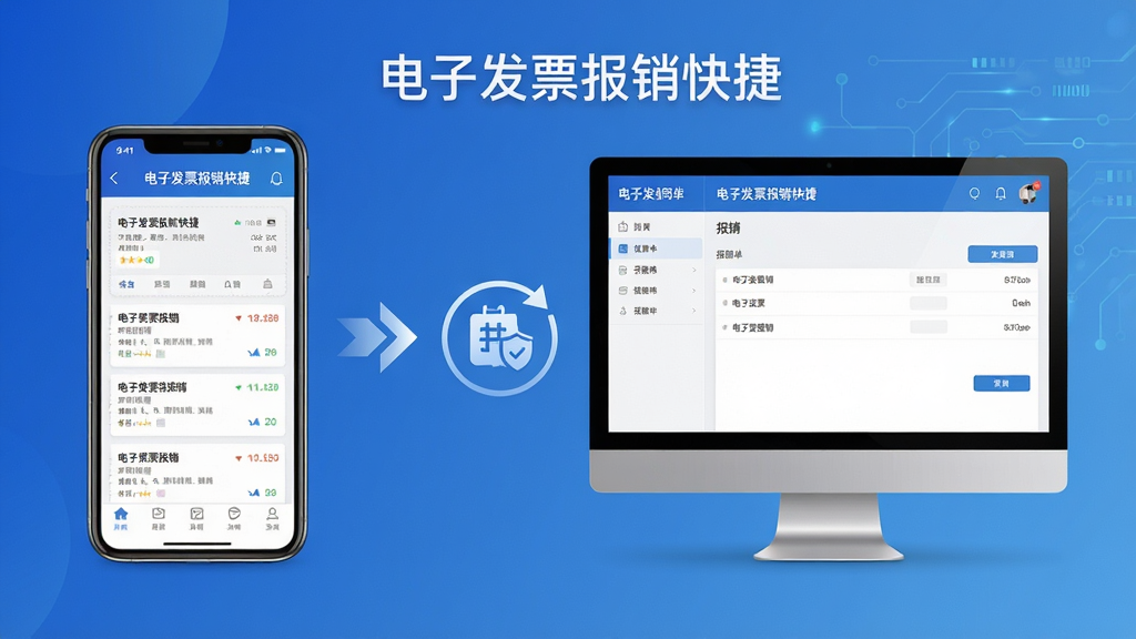 主体:手机与电脑并排展示“电子发票报销快捷”的数据同步界面,手机显示发票列表,电脑显示报销单;布局:左右对称,中间有箭头连接;排版:简洁,突出同步图标;风格:商务科技风,背景为渐变蓝色;细节:屏幕上均有“电子发票报销快捷”标识;画质:清晰干净,无多余元素