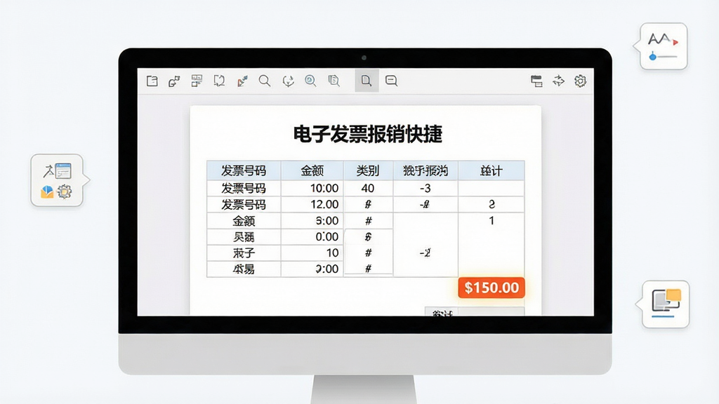 主体:电脑屏幕显示一份自动生成的电子报销单,表格中列有发票号码、金额、类别;布局:上方为软件工具栏,下方为报销单预览;排版:表格整齐,金额合计高亮显示;风格:商务简洁风,背景为浅白色;细节:报销单标题处有“电子发票报销快捷”字样;画质:高分辨率,干净无多余元素