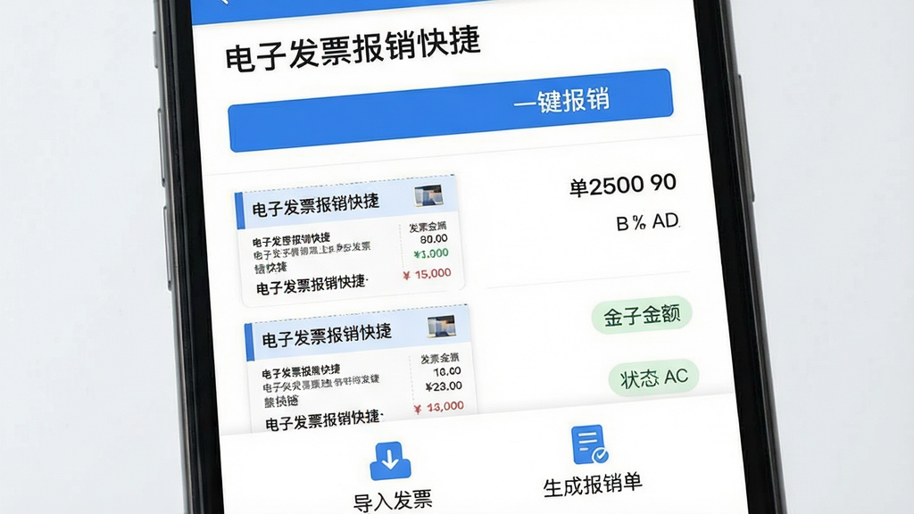 主体:手机界面展示“电子发票报销快捷”应用主页面,上方有发票列表和“一键报销”按钮;布局:左侧为发票缩略图,右侧为发票金额与状态标签;排版:简洁清晰,信息层级分明;风格:现代扁平化设计,主色调为蓝色与白色;细节:发票上印有“电子发票报销快捷”字样,底部有“导入发票”“生成报销单”图标;画质:高清细腻,干净无多余元素