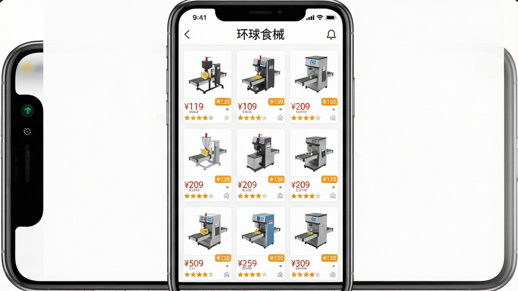 主体为智能手机屏幕展示设备列表界面,屏幕上排列多款食品机械缩略图,布局为九宫格样式,排版整齐,风格扁平化UI设计,细节包含价格标签和评分星星,画质高清干净无多余元素,屏幕上方显示“环球食械”字样