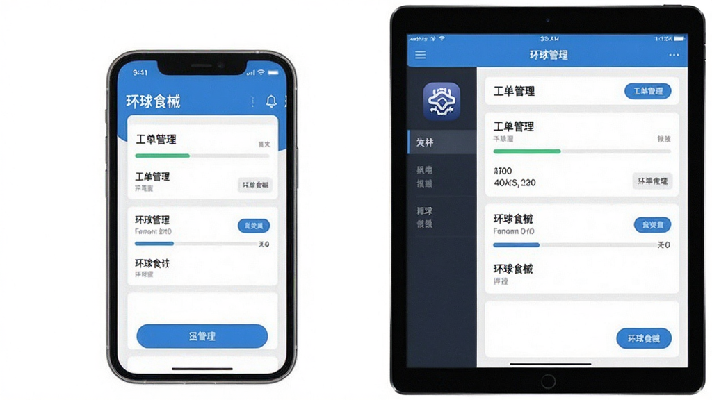 主体为一部手机和一台平板电脑并排展示应用界面,屏幕上显示工单管理页面,布局左右对称,排版清晰,风格简约现代,细节包括进度条和按钮图标,画质明亮干净无多余元素,画面中显示“环球食械”应用图标