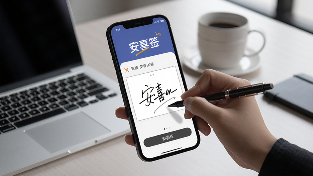一张展示安喜签在手机上使用的场景图,画面中一只手正拿着手机进行签名操作,屏幕上显示“安喜签”字样和签名区域,背景为简约办公桌,有笔记本电脑和咖啡杯,整体风格生活化,突出移动签署的便捷性,画质干净,无多余元素。