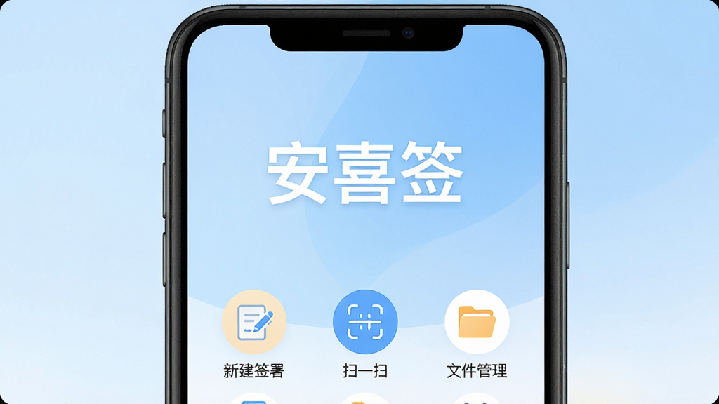 一张展示安喜签应用主界面的高清截图,画面中央是一部智能手机,屏幕中清晰显示“安喜签”三个字,下方排列着“新建签署”、“扫一扫”、“文件管理”等功能图标,背景为淡蓝色渐变,整体风格简洁明亮,突出移动签署的便捷性,画质干净,无多余元素。