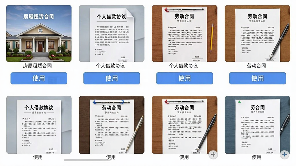 一张展示安喜签模板库界面的手机截图,屏幕中显示多个合同模板缩略图,包括“房屋租赁合同”、“个人借款协议”、“劳动合同”等,每个模板下方有“使用”按钮,背景为白色干净界面,突出模板的丰富性与易用性,画质清晰,无多余元素。