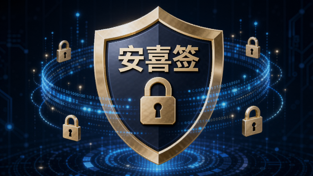 一张展示安喜签安全加密功能的示意图,画面中有一把金色盾牌图标,盾牌上方写着“安喜签”,周围环绕着数据流和锁形符号,背景为深蓝色科技感风格,突出安全防护与加密传输的概念,画质清晰,无多余元素。