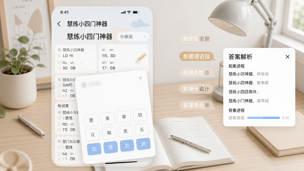 画面主体为“慧练小四门神器”App的题库页面,屏幕上显示多道选择题和答题卡,右侧有答案解析弹窗,背景为简约的学习桌面,布局左右对称,排版整洁,风格清新淡雅,细节包括知识点标签和进度条,画质高清干净,无多余元素