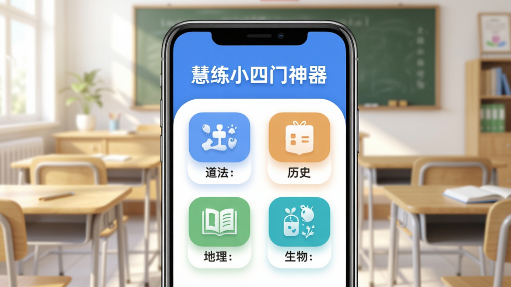 画面主体为“慧练小四门神器”App界面展示,一部智能手机屏幕中央显示应用主界面,上方有“慧练小四门神器”字样,下方排列整齐的科目图标(道法、历史、地理、生物),背景为明亮的教室或书桌场景,布局清晰,排版简洁,风格现代扁平化,细节包括圆角卡片和柔和阴影,画质高清干净,无多余元素