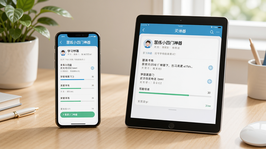 画面主体为“慧练小四门神器”App在手机和平板上的使用场景,两部设备同时展示学习界面,背景为书桌和绿植,布局左右排列,排版和谐,风格明亮写实,细节包括屏幕上的题目和进度条,画质高清干净,无多余元素