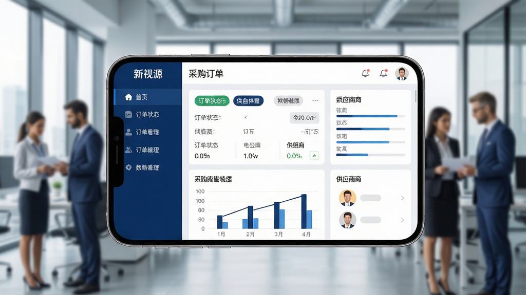 画面主体为一款名为“新视源”的智能手机应用界面,屏幕中央显示采购订单看板与数据图表,背景是模糊的现代化办公室与忙碌的商务人群,整体布局采用左右分栏设计,左侧为功能菜单,右侧为数据详情,风格为扁平化商务风,色彩以深蓝和白色为主,细节包括订单状态标签、进度条和供应商头像,画质高清,干净无多余元素