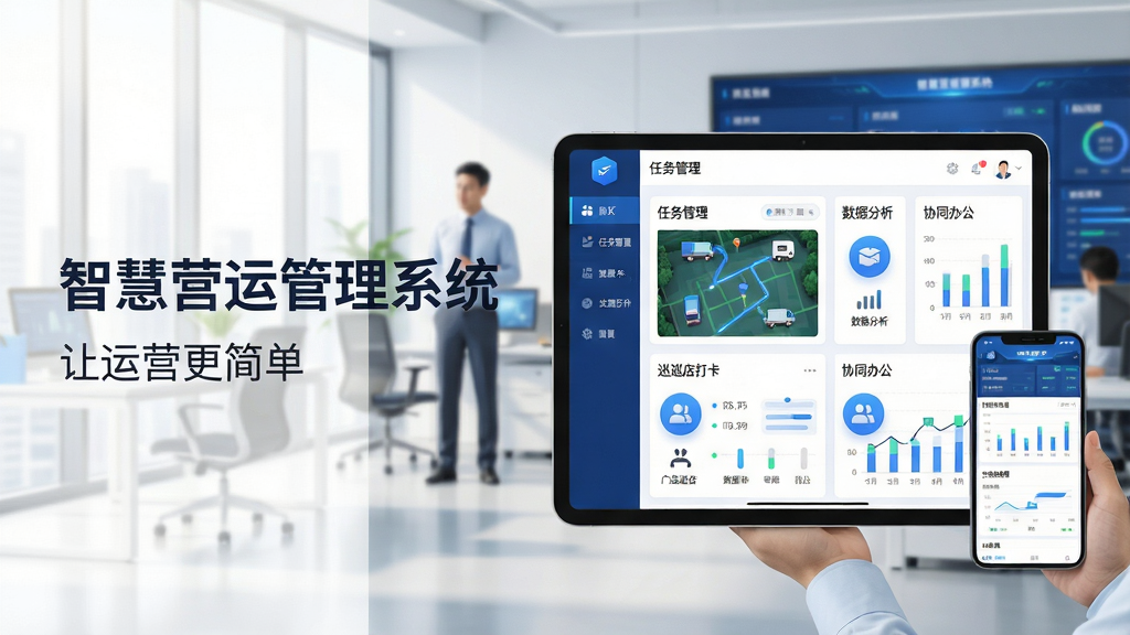 主体:智慧营运管理系统软件界面,展示在平板电脑和手机屏幕上,背景是现代化的办公环境,有几位管理人员正在查看数据。布局:主视觉居右,左侧留白放标题文字“智慧营运管理系统”,下方有简洁的标语“让运营更简单”。排版:界面截图清晰,图表数据可视化,色彩以蓝色和白色为主,科技感强。风格:扁平化设计,结合微立体元素,整体明亮通透。细节:屏幕上有物流车辆轨迹、门店巡店打卡、实时数据看板等模块图标,文字标签为“任务管理”、“数据分析”、“协同办公”。画质:8K高清,细节丰富,干净,无多余元素。