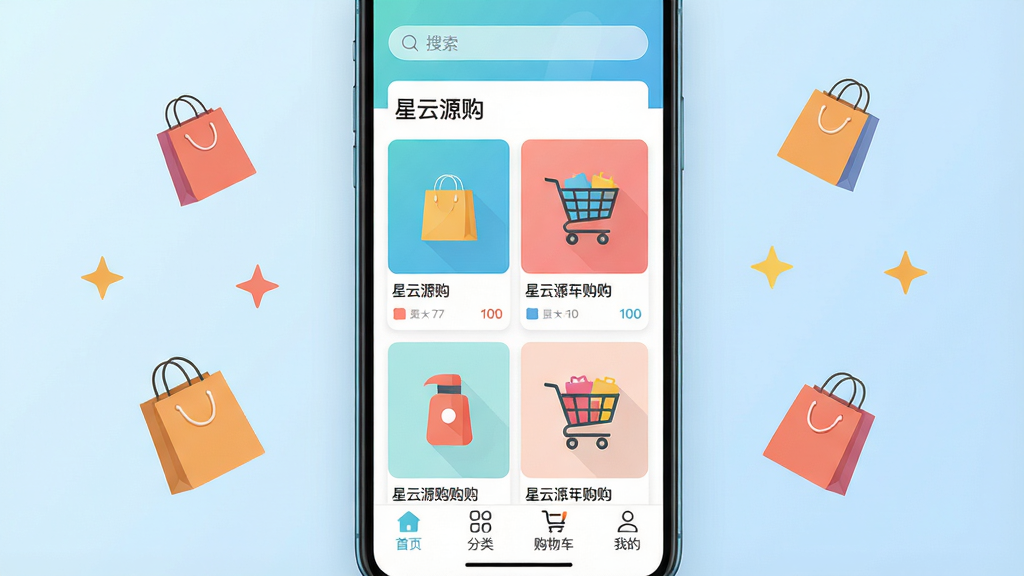 主体:智能手机屏幕展示“星云源购”购物应用界面,界面中显示商品瀑布流与底部导航栏。布局:手机居中,屏幕内容清晰可见,背景为淡蓝色渐变,周围有漂浮的购物袋和星星元素。排版:应用界面中商品卡片整齐排列,导航栏图标简洁。风格:现代扁平化,色彩明亮清新。细节:屏幕上端显示搜索栏,中部商品图片清晰,底部有“首页”“分类”“购物车”“我的”四个标签。画质:高清渲染,干净,无多余元素。