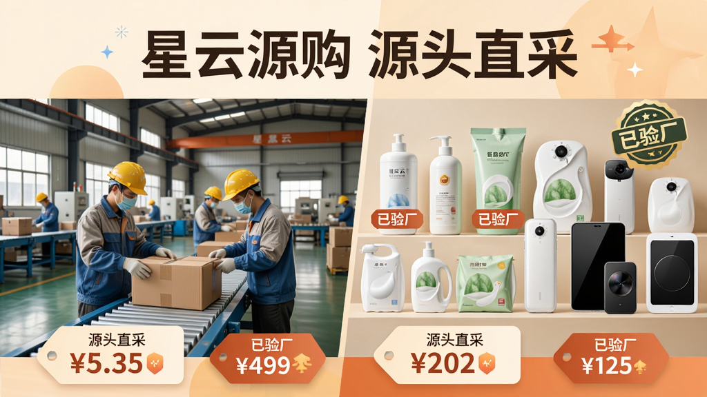 主体:展示“星云源购”APP中“源头直采”频道的宣传图,画面左侧是工厂实景,右侧是商品陈列。布局:左右分割构图,工厂区域有工人正在打包,商品区域摆放着各类日用品和电子产品。排版:画面上方有“星云源购 源头直采”字样,下方是价格标签。风格:写实摄影与UI结合,色调温暖。细节:商品带有价格标签和“已验厂”徽章。画质:高清,干净,无多余元素。