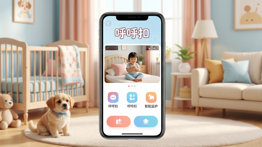 ���壺һ����Ϊ�������ۡ������ܼ໤Ӧ�ý��棬չʾ�������ֻ���Ļ�ϣ���Χ��������ܰ��ͥ������Ӥ��������������������֣��ֻ�λ�ڻ������룬��Ļ����ʾʵʱ��ػ���͹��ܰ�ť�����ܵ�׺��ͥԪ�ء��Ű棺�ֻ��뱳��Э�������þ��й�ͼ��ͻ��Ӧ�����ơ������ۡ�������ִ��Ƽ�������ܰ�Ҿӷ��ںϣ�ɫ��������͡�ϸ�ڣ���Ļ�еļ�ػ�������������ͼ�꾫�£�Ӧ�����ơ������ۡ��������ֳ��֡����ʣ����壬�ɾ����޶���Ԫ�ء�