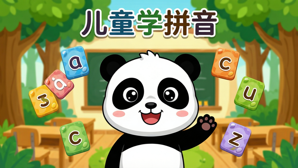 儿童学拼音软件主界面展示图,画面中央是可爱的卡通熊猫老师,周围漂浮着彩色拼音字母卡片,背景为明亮的森林教室,整体风格卡通可爱,色彩鲜艳,排版采用中心构图,细节丰富,画质高清干净,无多余元素,界面顶部显示“儿童学拼音”标题文字