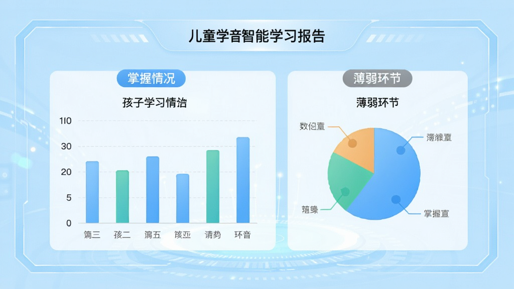 儿童学拼音智能学习报告界面,画面显示柱状图和饼图统计孩子学习数据,旁边有“掌握情况”和“薄弱环节”标签,背景为浅蓝色科技感风格,整体风格简洁现代,布局采用数据可视化排版,细节丰富,画质干净无多余元素