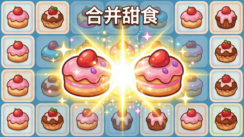 主体:“合并甜食”游戏截图,展示两个相同甜品合并的瞬间,发出耀眼光芒。布局:画面中央是合成特效,周围是棋盘格,上面散落着各种甜品图标。排版:特效突出,甜品图标清晰可辨。风格:明亮卡通,特效华丽。细节:合成中的甜品带有闪光和粒子效果,棋盘格有淡色边框。画质:高清,干净,无多余元素。