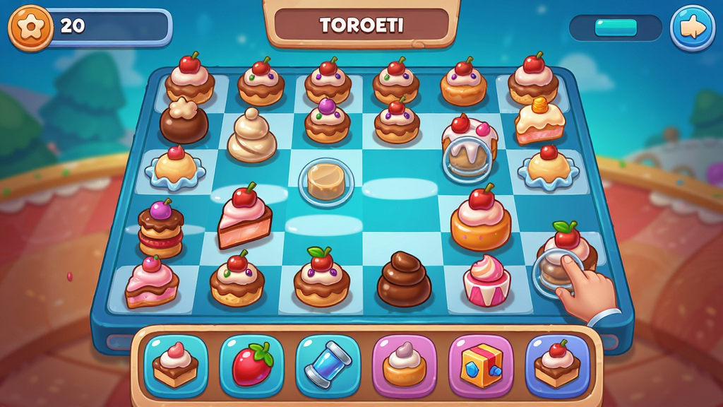 主体:游戏进行中的截图,棋盘上有多个甜品,玩家正在操作。布局:画面中央是棋盘,上方显示分数和目标,下方是道具栏。排版:棋盘占据主要画面,UI元素清晰。风格:卡通风格,色彩鲜艳。细节:棋盘上的甜品带有光泽,道具栏图标清晰。画质:高清,干净,无多余元素。