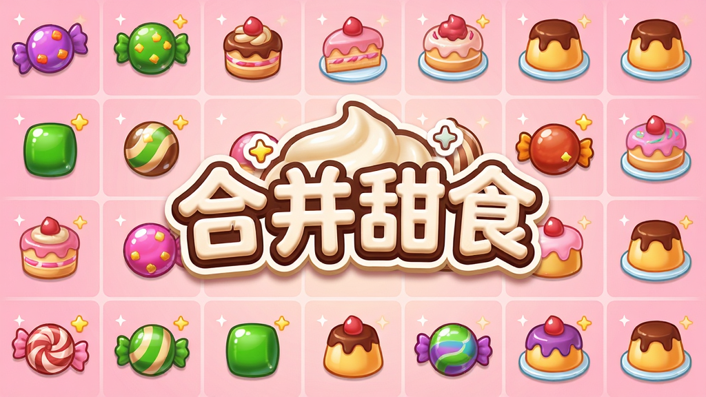 主体:游戏主界面,展示色彩缤纷的糖果和甜点,中间有一个“合并甜食”的LOGO文字。布局:主界面居中,周围环绕各种糖果、蛋糕、布丁等甜品元素,背景是柔和的粉色渐变。排版:界面清晰,甜点排列整齐,有网格线提示。风格:卡通治愈系,色彩明亮,Q版风格。细节:甜点上带有光泽,有星星特效,LOGO文字为艺术字体,带有奶油质感。画质:高清,干净,无多余元素。