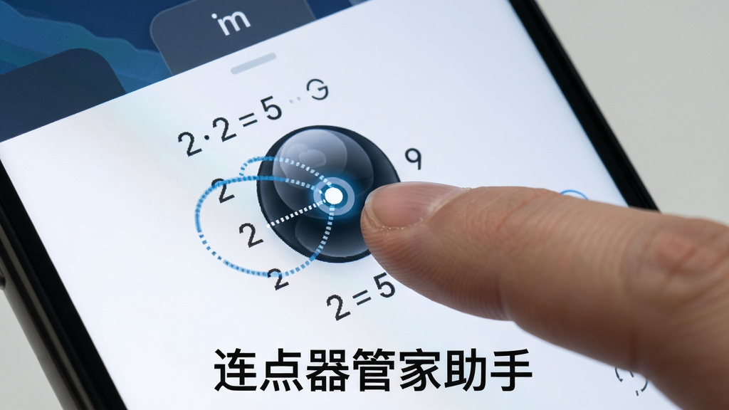 连点器管家助手手机端使用教程示意图,主体为手指点击手机屏幕上的悬浮球按钮,布局为特写镜头,风格为写实摄影风格,细节展示屏幕上的点击坐标轨迹线,画质高清干净,无多余元素,图片中标注“连点器管家助手”