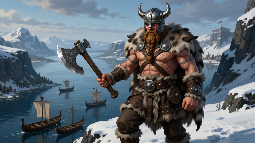 һ�������ġ�Vikings����Ϸ��������ͼ������Ϊһλ������Ƥ���ֳ�ս����ά��սʿվ��ѩɽ֮�ۣ�����·���Ͽ���볤�������沼����սʿΪ���ģ�������η���������дʵ��Ϳ���ϸ�ڿ̻�Ƥ������������ʸУ����ʸ���ɾ����޶���Ԫ�أ�ͼƬ�в��������֡�